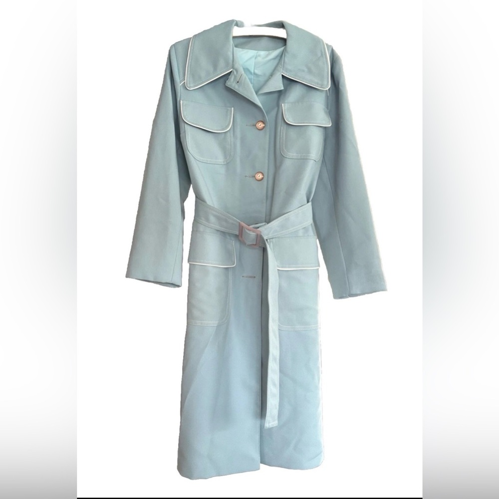 VINTAGE Lanson All Weather 3/4 Coat Tie Belt Buttons/Pockets Pipe Trim Powder Bl